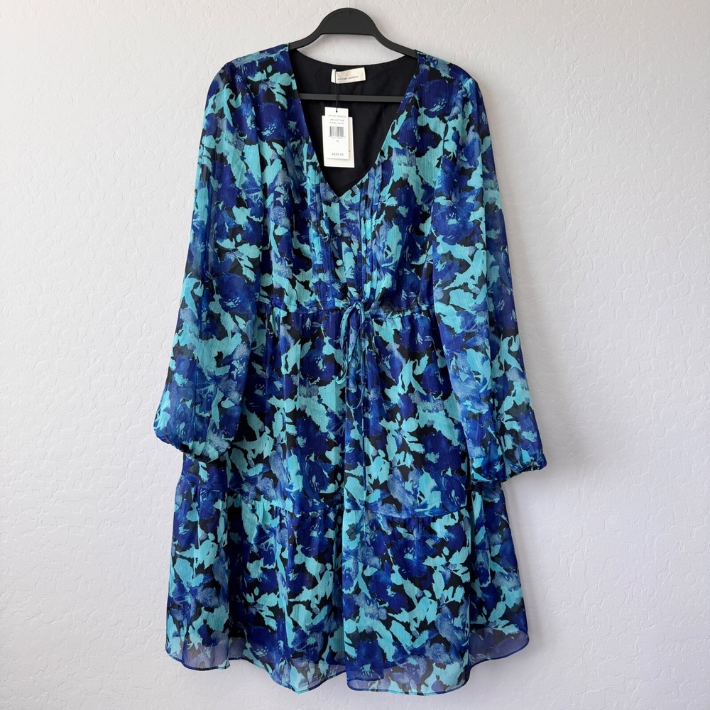 NWT Whitney Morgan Blue Aqua Floral Dress Tiered Long Sleeve V Neck 1X